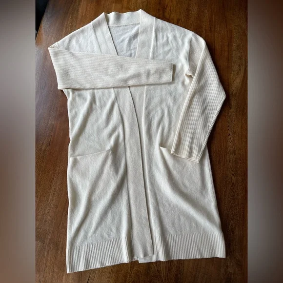 THEORY 100% Cashmere Cream Open Front Ribbed Sleeve Women's Sweater, Small - Picture 13 of 13